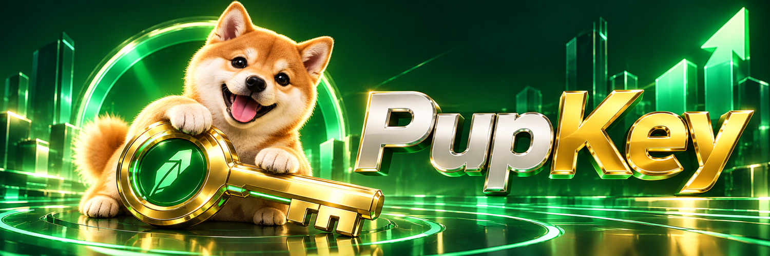 A cheerful orange Shiba Inu puppy posing with a large golden key in a glowing green world